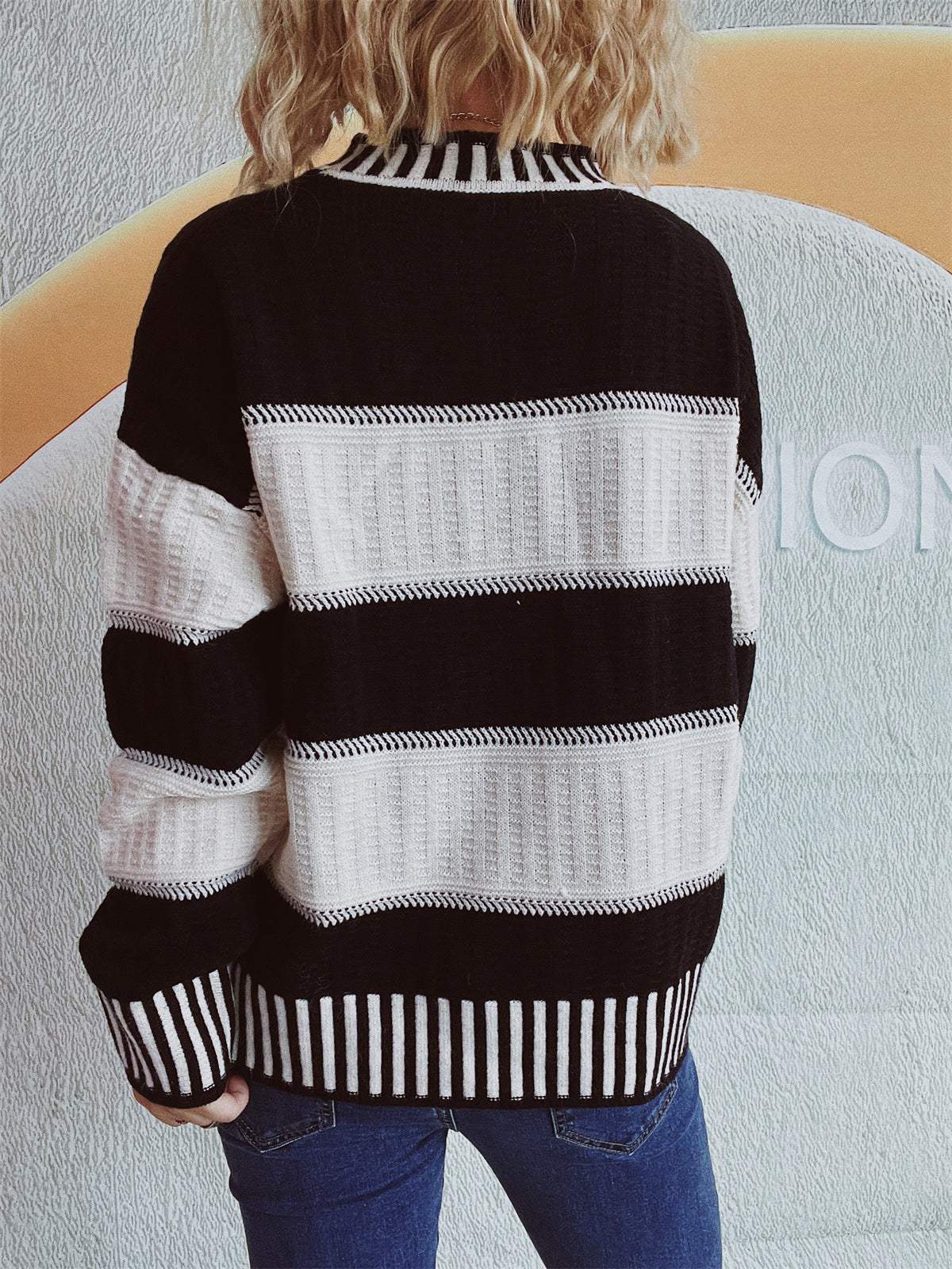 Contrast Round Neck Long Sleeve Sweater - Trendsi - Flyclothing LLC