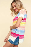 Haptics Striped Side Slit Short Sleeve Knit Top - Trendsi - Flyclothing LLC