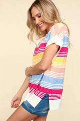 Haptics Striped Side Slit Short Sleeve Knit Top - Trendsi