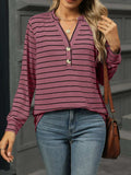 Striped Henley T-Shirt with Button Detail - Trendsi - Flyclothing LLC