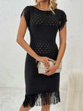 Fringe Openwork Boat Neck Knit Dress - Trendsi - Flyclothing LLC