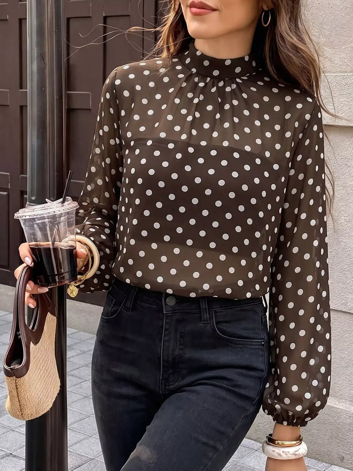 Polka Dot Mock Neck Long Sleeve Blouse - Trendsi - Flyclothing LLC
