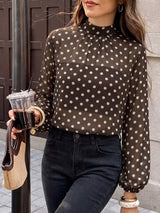 Polka Dot Mock Neck Long Sleeve Blouse - Trendsi - Flyclothing LLC