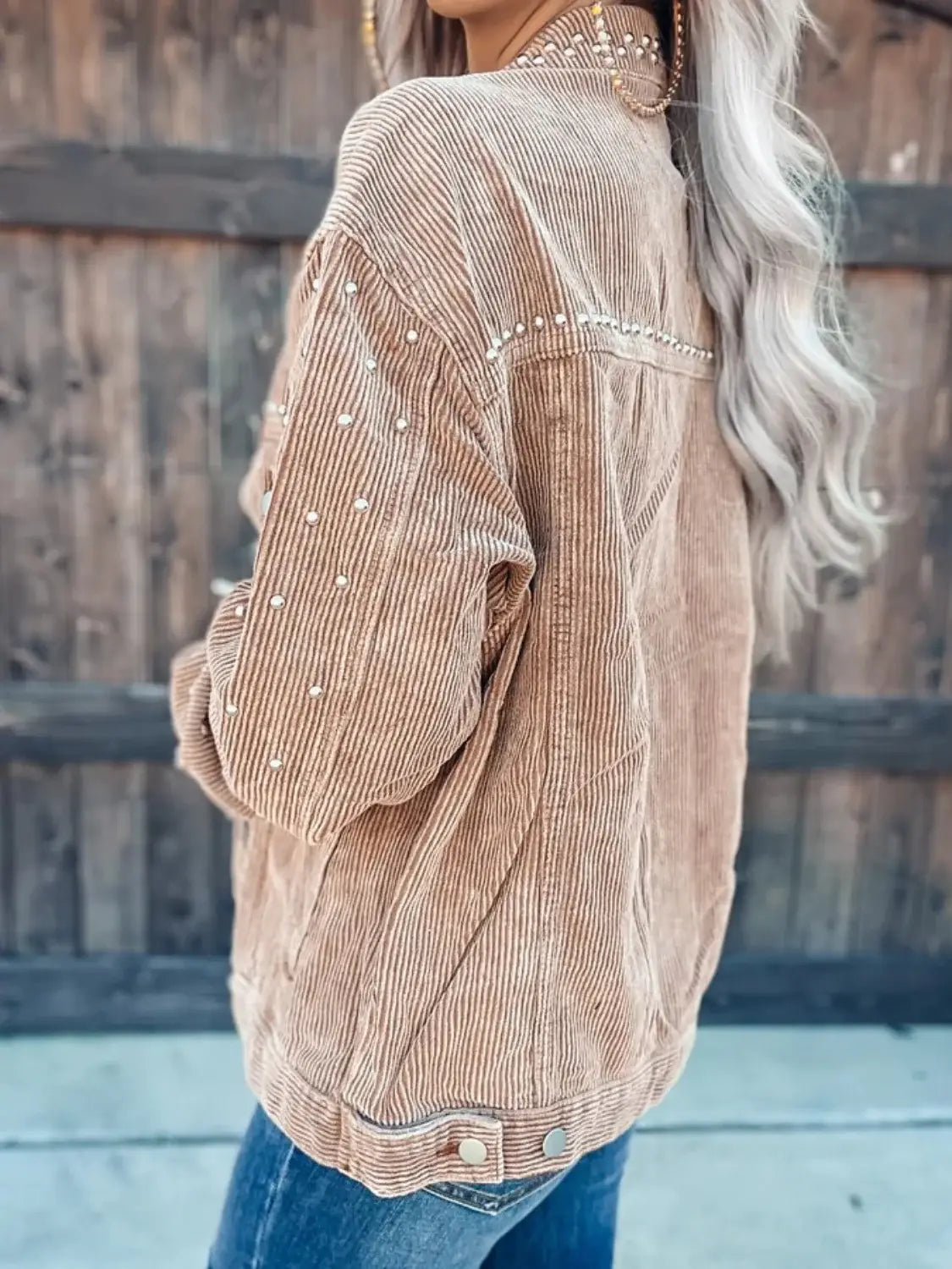 Studded Collared Neck Button Down Jacket - Trendsi - Flyclothing LLC