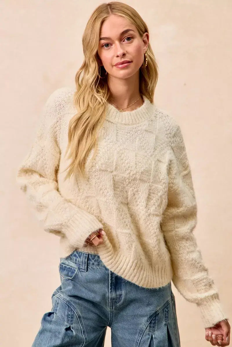 BiBi Checker Board Drop Shoulder Sweater - Trendsi - Flyclothing LLC