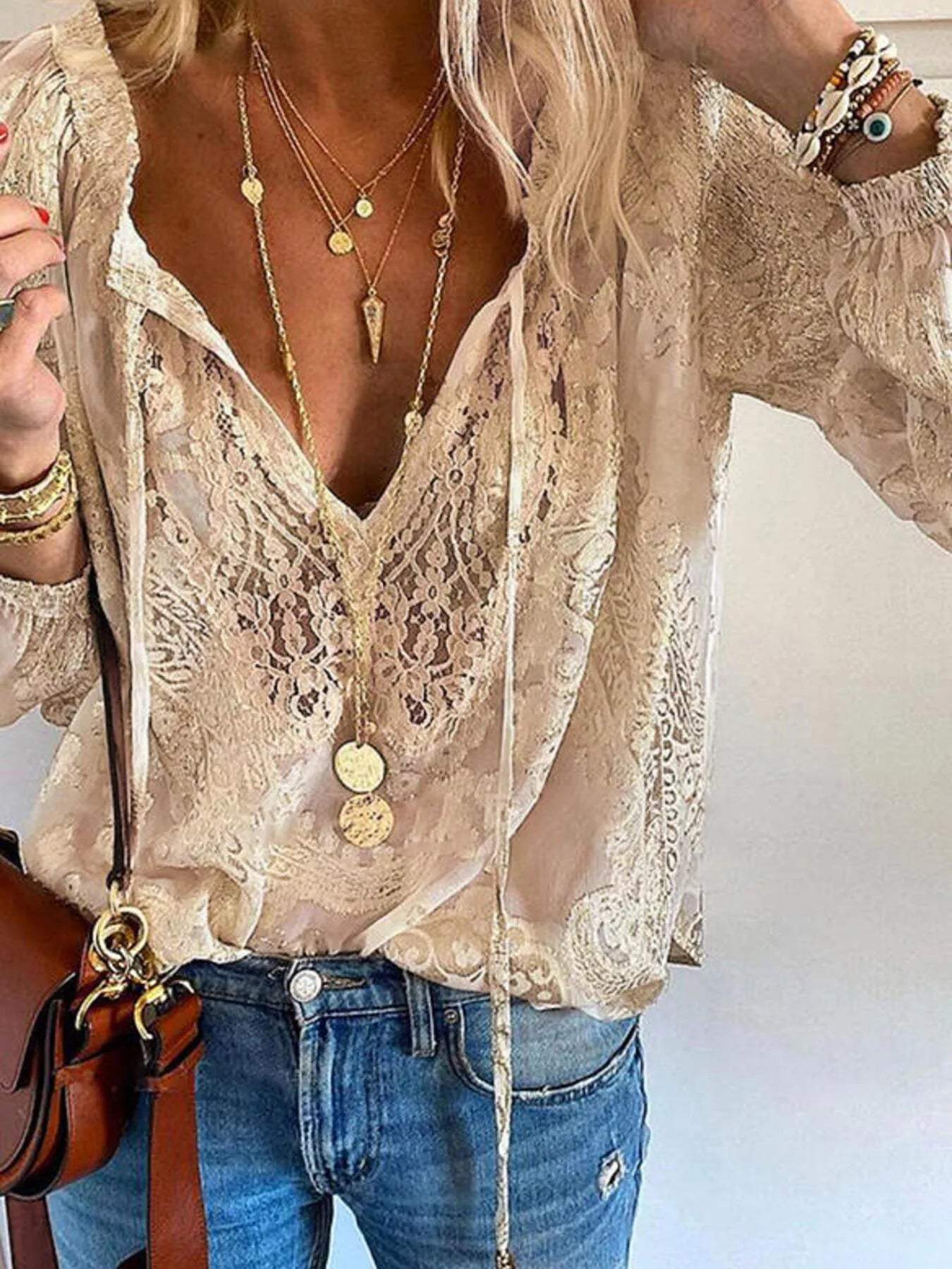 Lace Tie-Neck Blouse - Trendsi - Flyclothing LLC
