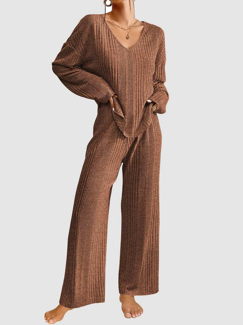 V-Neck Long Sleeve Top and Pants Set - Trendsi - Flyclothing LLC