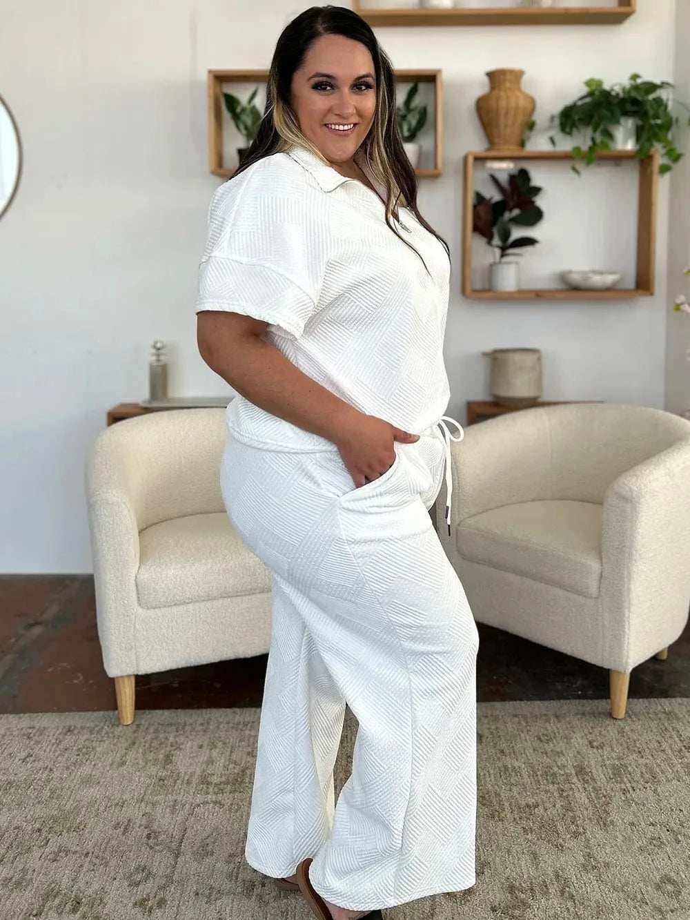 Double Take Full Size Texture Half Zip Short Sleeve Top and Pants Set - Trendsi - Flyclothing LLC