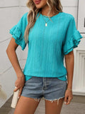 Eyelet Round Neck Flounce Sleeve Top - Trendsi - Flyclothing LLC