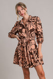 Umgee Full Size Two Tone Floral Print Puff Sleeve Tie Waist Dress Plus Size - Trendsi
