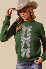 SO ME Sequins Bow Ribbon Embellished Christmas Sweater - Trendsi - Flyclothing LLC