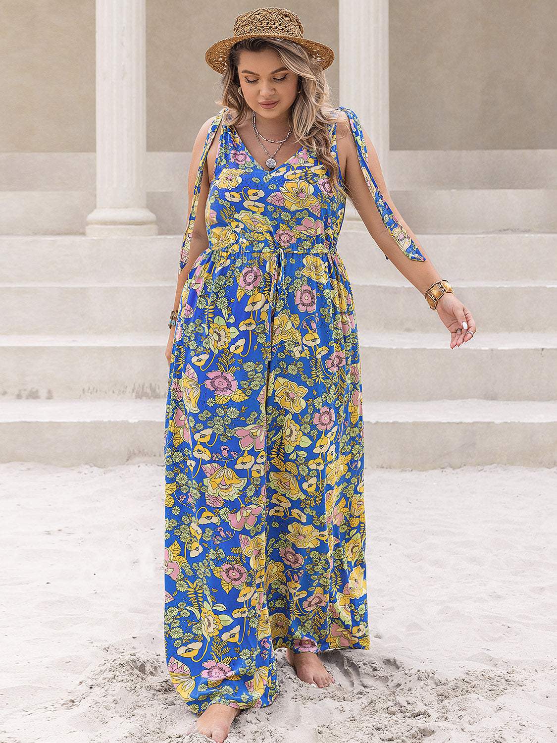 Plus Size Printed V-Neck Wide Leg Jumpsuit - Trendsi - Flyclothing LLC