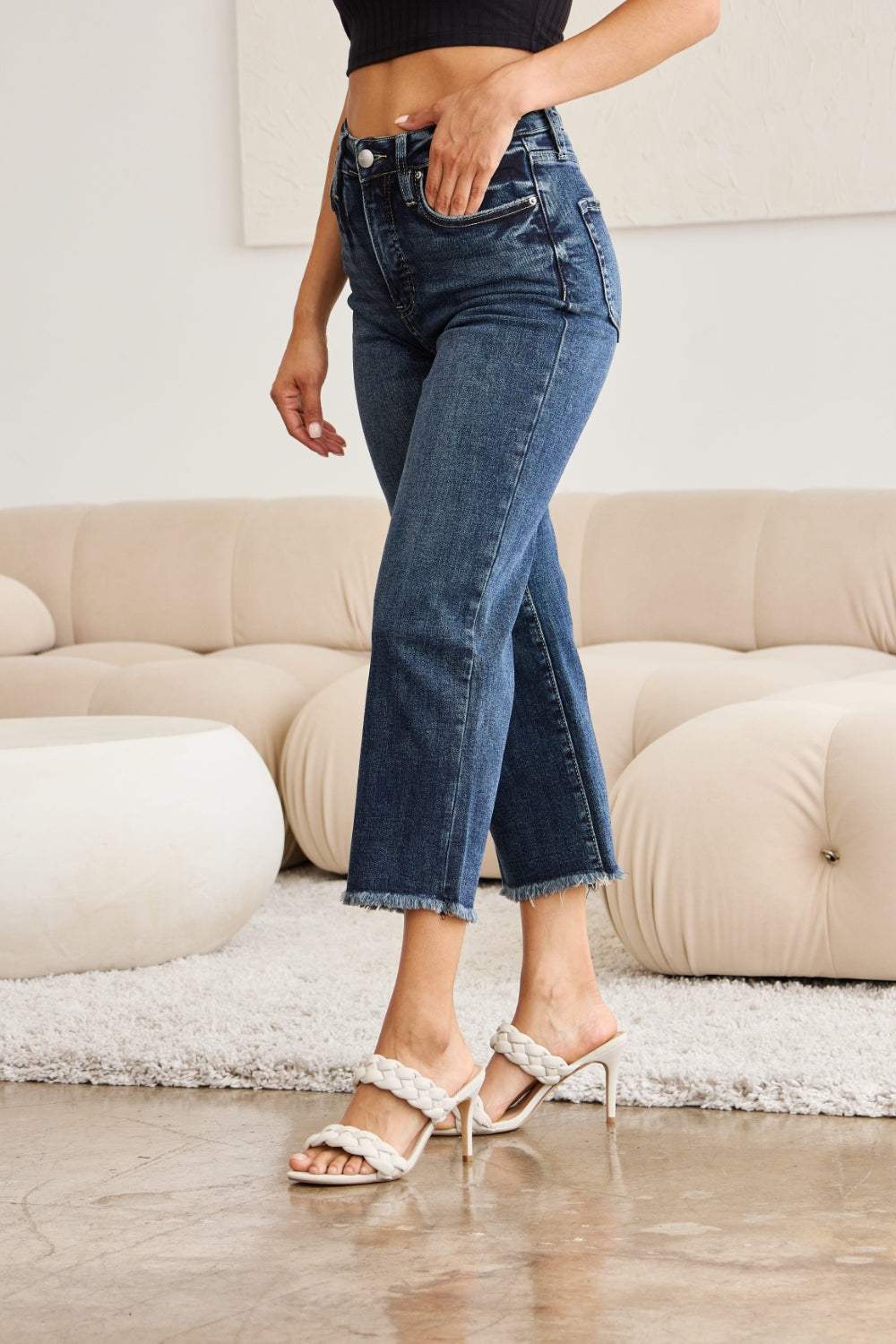 RFM Full Size Tummy Control High Waist Raw Hem Jeans - Trendsi - Flyclothing LLC