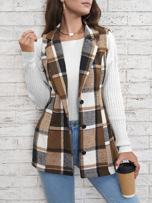 Plaid Button Down Vest Coat - Trendsi