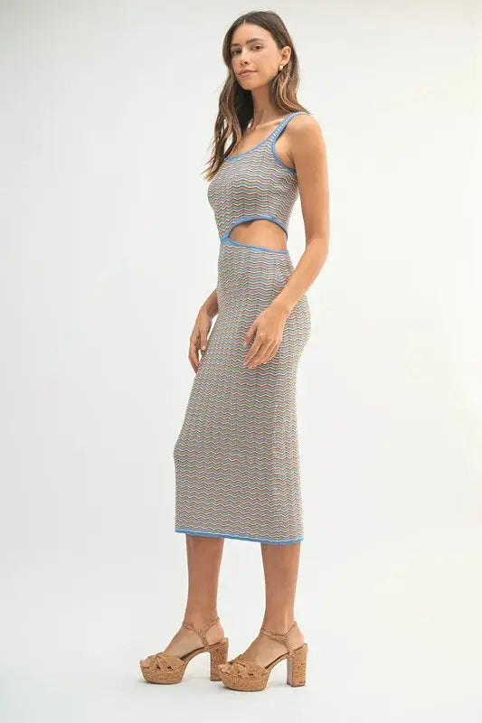 MABLE Multi Color Chevron Knit Bodycon Midi Dress - Trendsi - Flyclothing LLC