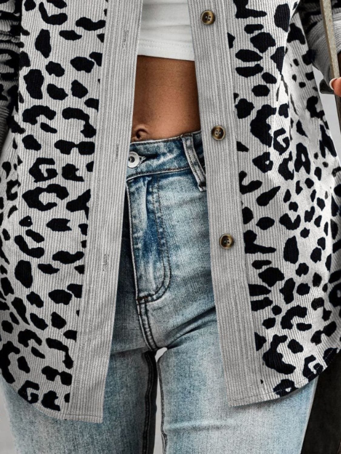 Full Size Leopard Collared Neck Button Up Long Sleeve Jacket - Trendsi