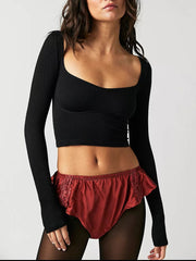 Scoop Neck Long Sleeve Cropped T-Shirt - Trendsi