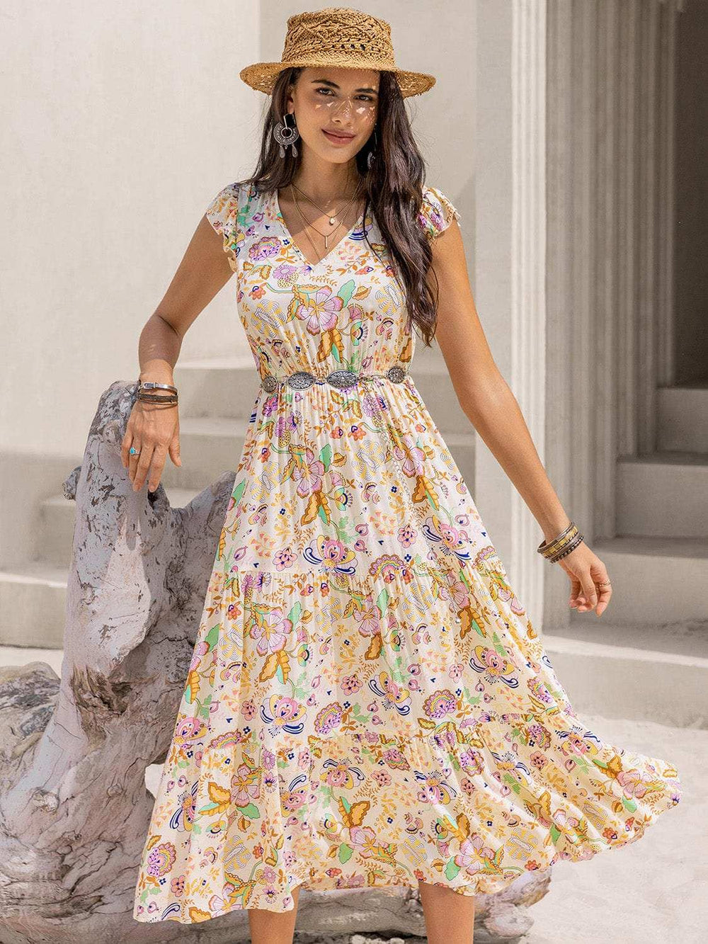 Ruched Printed Cap Sleeve Midi Dress - Trendsi - Flyclothing LLC