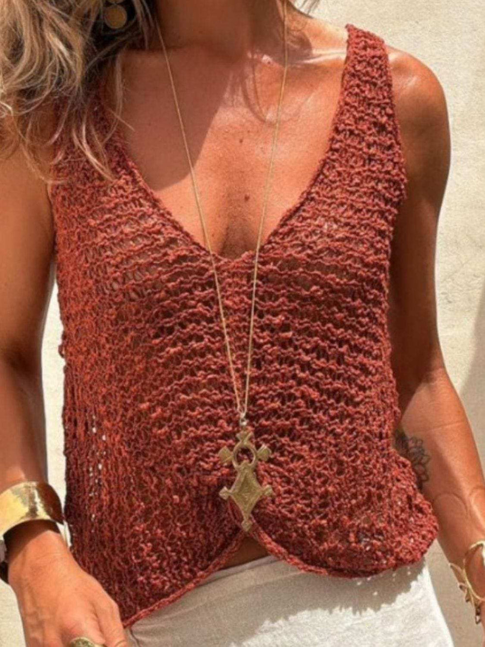Crochet V-Neck Tank - Trendsi - Flyclothing LLC
