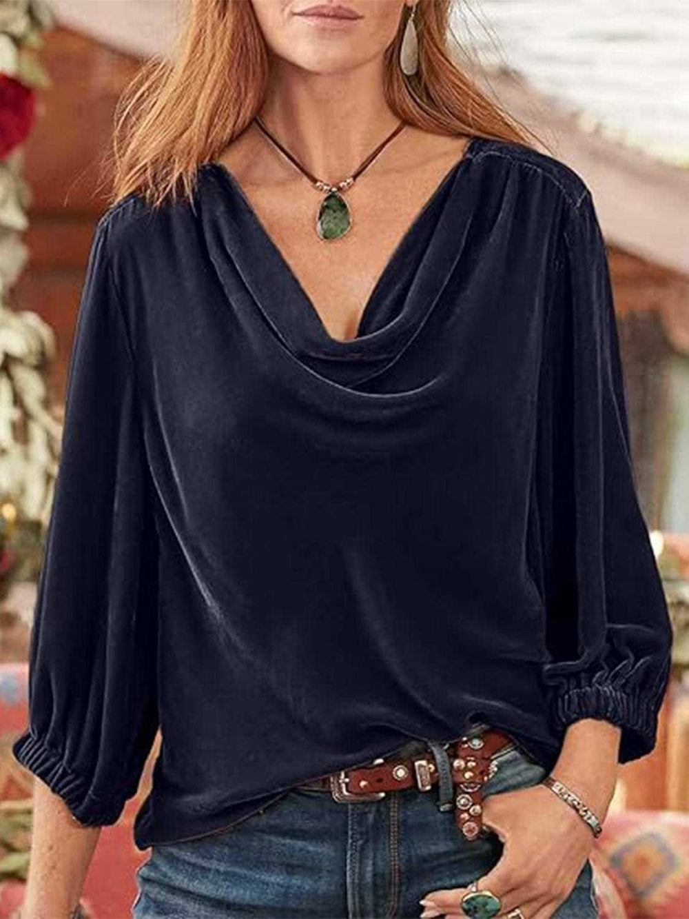 Cowl Neck Three-Quarter Sleeve Top - Trendsi - Flyclothing LLC