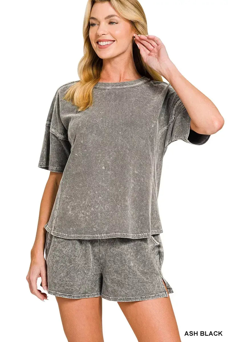 Zenana Halo Snow Washed Short Sleeve Tee and Shorts Set - Trendsi - Flyclothing LLC