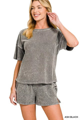Zenana Halo Snow Washed Short Sleeve Tee and Shorts Set - Trendsi - Flyclothing LLC