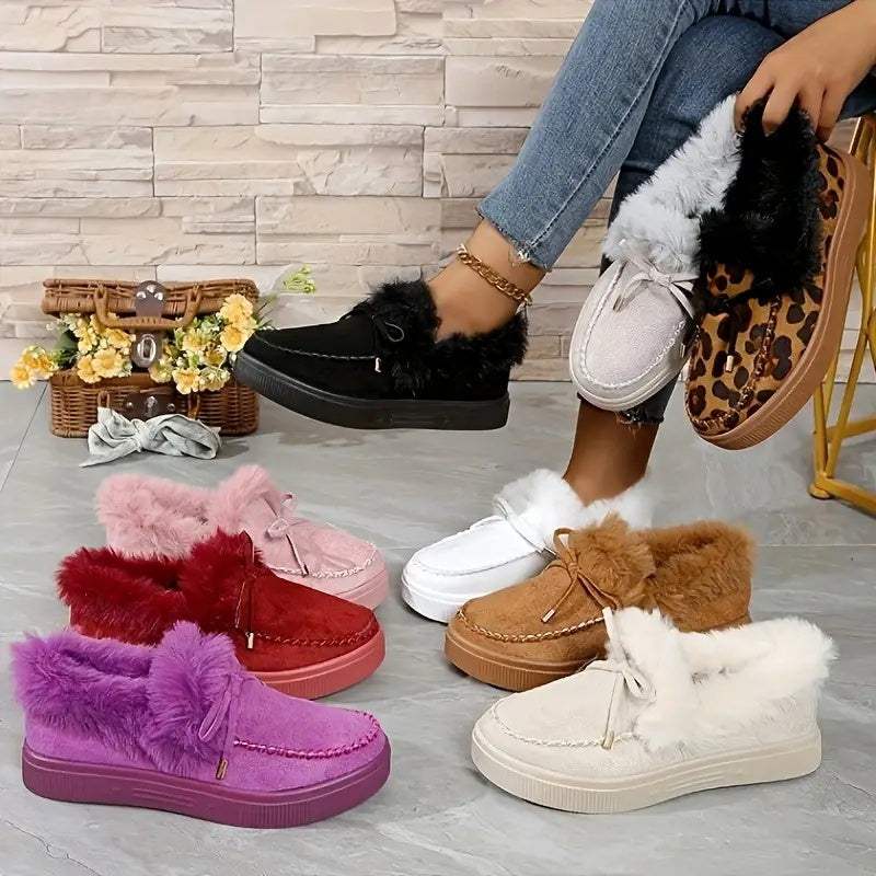 Bow Furry Round Toe Flat Slip-Ons - Trendsi - Flyclothing LLC