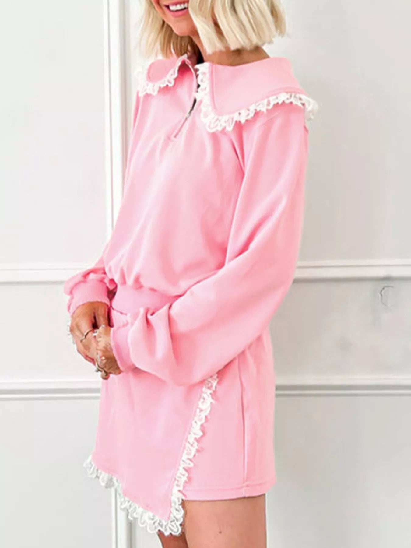 Peter Pan Lace Embellished Neck Sweatshirt and Skirt Two Piece Set - Trendsi - Flyclothing LLC