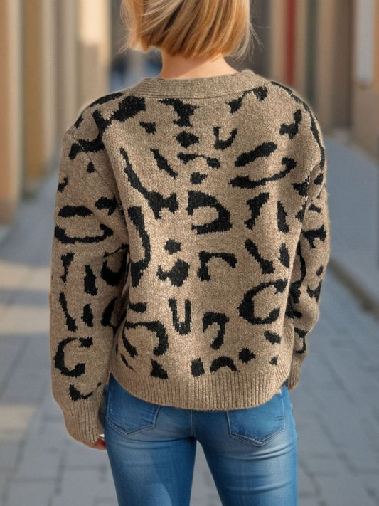 Leopard V-Neck Button Up Cardigan - Trendsi
