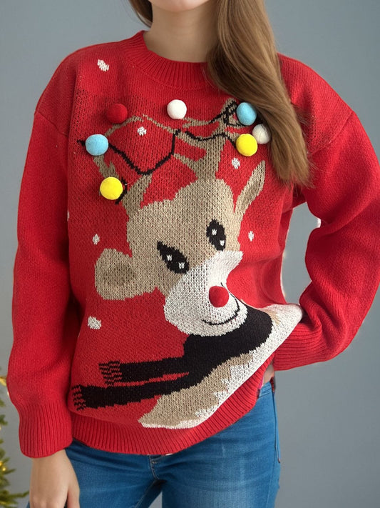 Reindeer Round Neck Long Sleeve Sweater - Trendsi