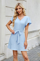 Tied Button Up Short Sleeve Mini Shirt Dress - Trendsi - Flyclothing LLC