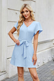 Tied Button Up Short Sleeve Mini Shirt Dress - Trendsi