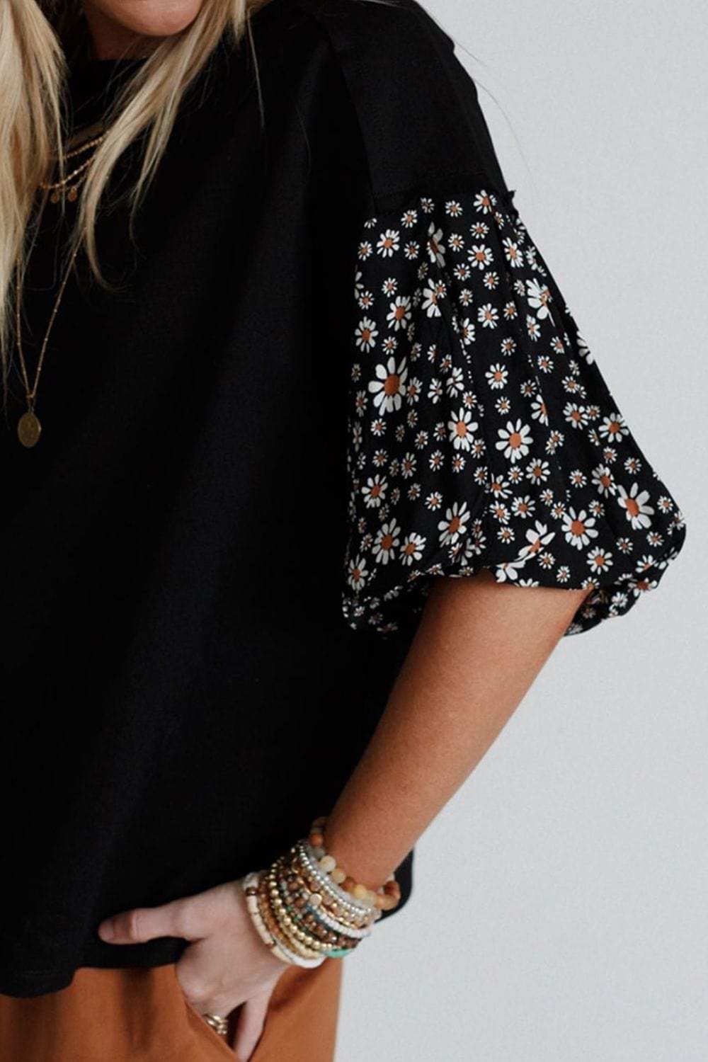 Contrast Floral Puff Sleeve Oversized Top - Trendsi - Flyclothing LLC