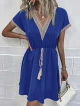 Full Size Tassel V-Neck Short Sleeve Dress Plus Size - Trendsi - Flyclothing LLC