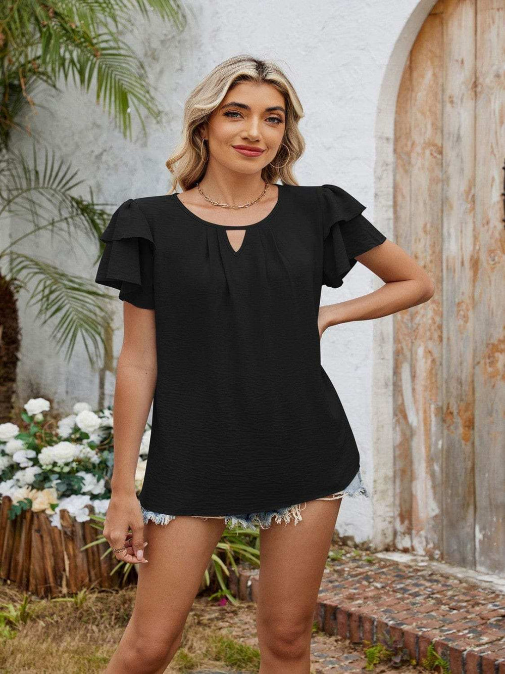 Cutout Round Neck Short Sleeve Blouse - Trendsi - Flyclothing LLC