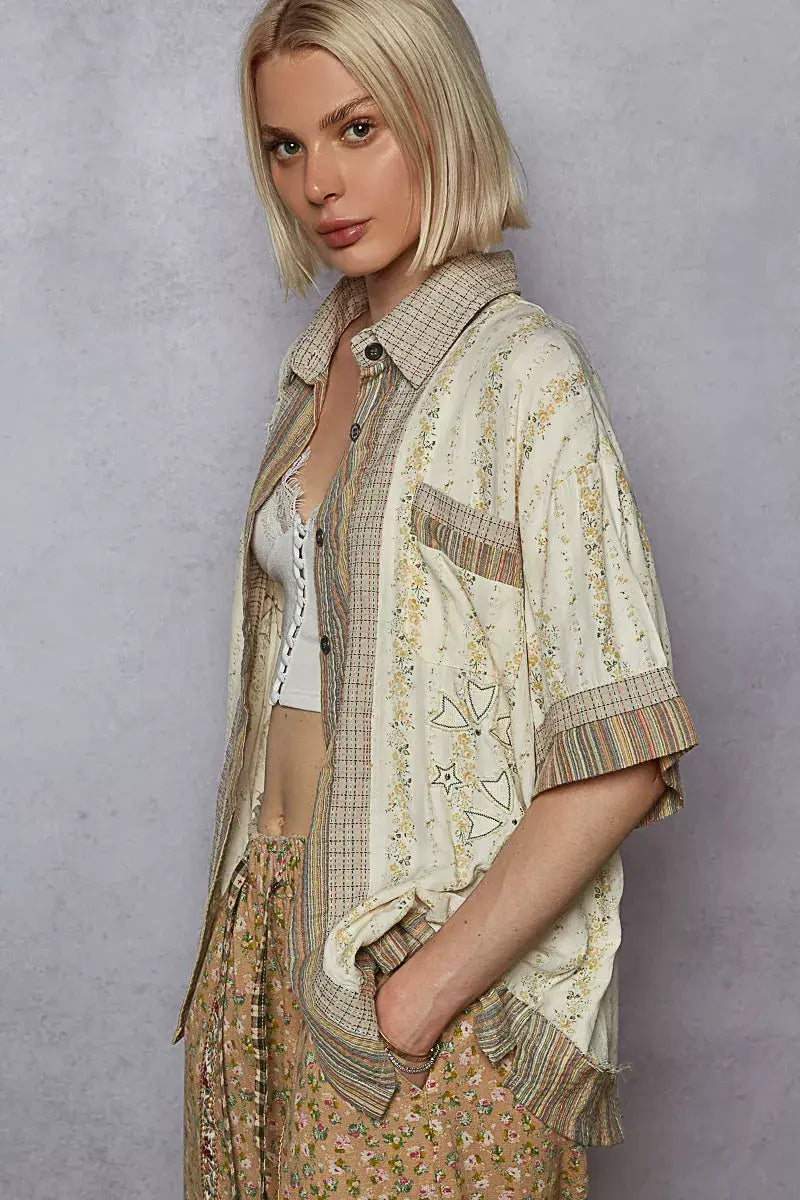 POL Printed Button Down Patchwork Short Sleeve Shirt - Trendsi - Flyclothing LLC