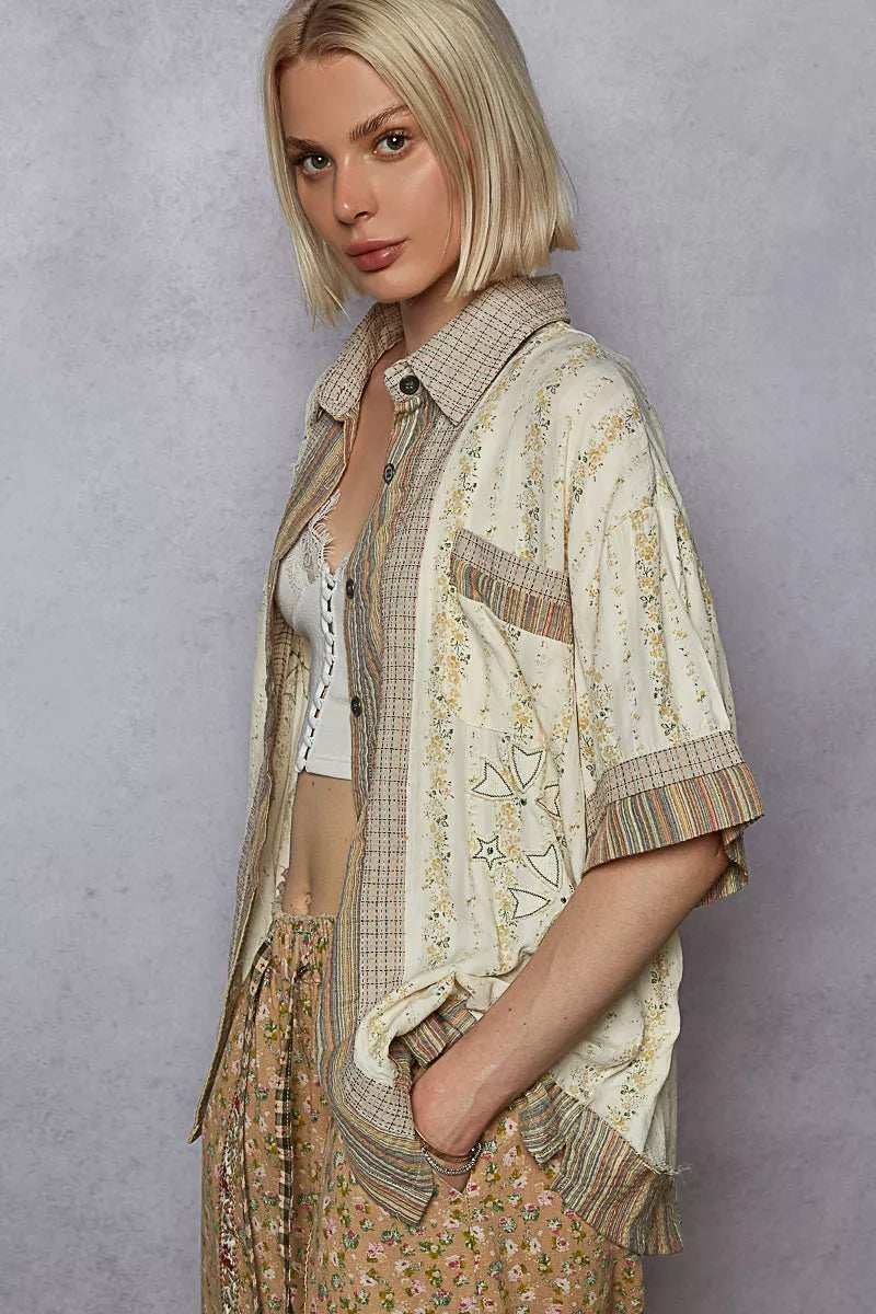 POL Printed Button Down Patchwork Short Sleeve Shirt - Trendsi - Flyclothing LLC