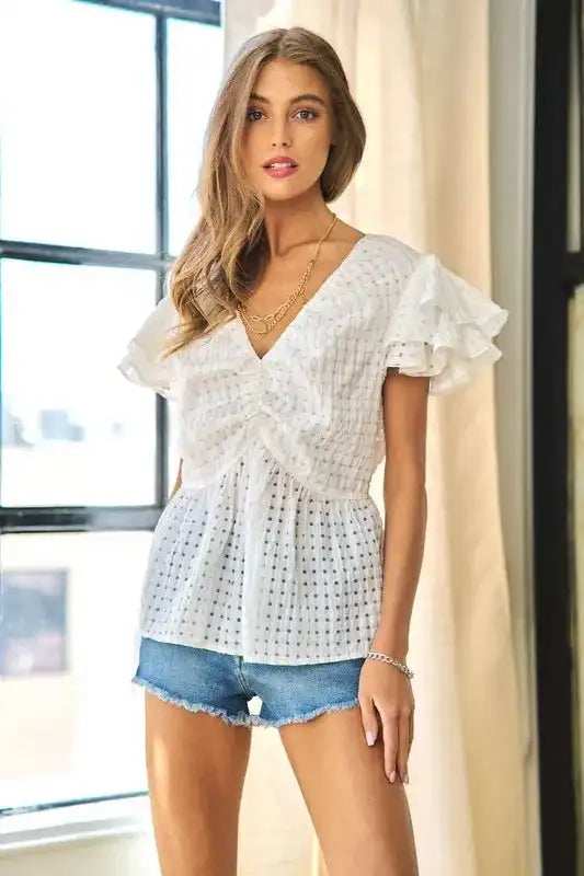 Davi & Dani Shirring V-Neck Ruffle Gingham Plaid Printed Top - Trendsi - Flyclothing LLC