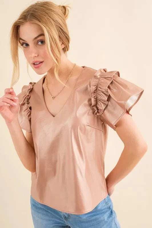And The Why Faux Leather Ruffle Sleeves V Neck Top - Trendsi - Flyclothing LLC