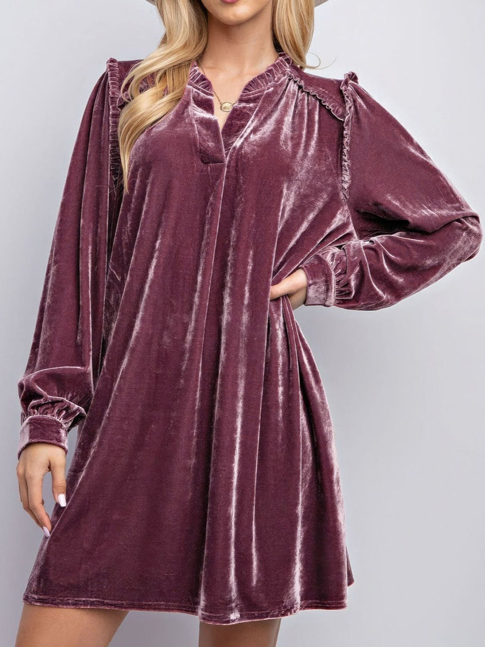 Frill Notched Long Sleeve Dress with Pockets - Trendsi