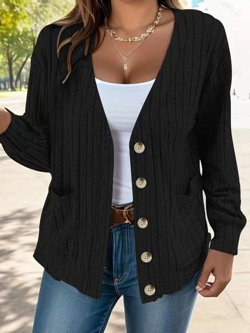 Full Size Button Up V-Neck Long Sleeve Cardigan - Trendsi - Flyclothing LLC
