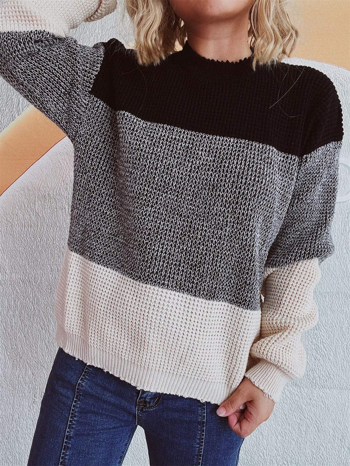 Color Block Long Sleeve Sweater - Trendsi - Flyclothing LLC