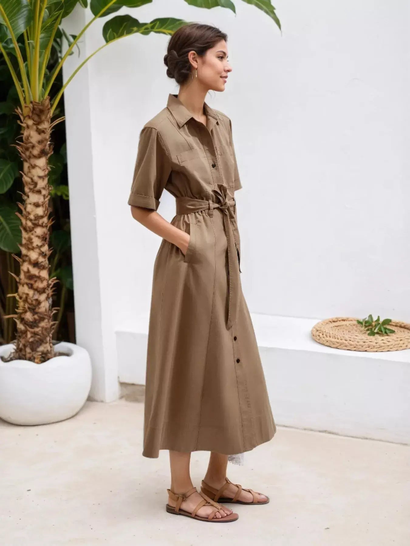 Button Front Short Sleeve Shirt Dress - Trendsi - Flyclothing LLC