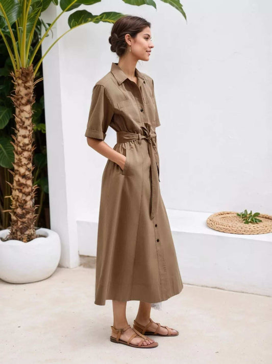 Button Front Short Sleeve Shirt Dress - Trendsi - Flyclothing LLC