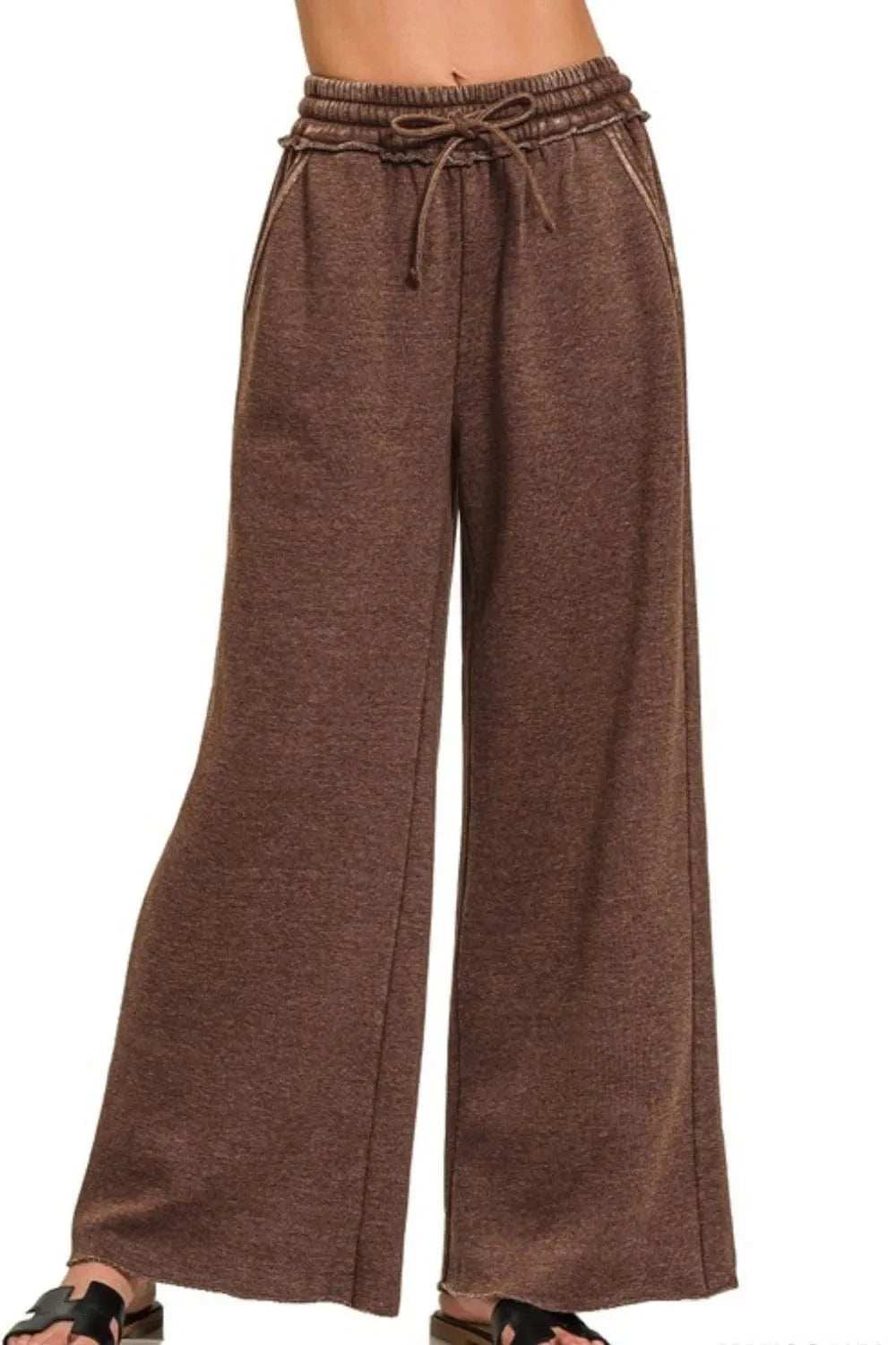 Zenana Acid Wash Fleece Palazzo Sweatpants with Pockets - Trendsi - Flyclothing LLC