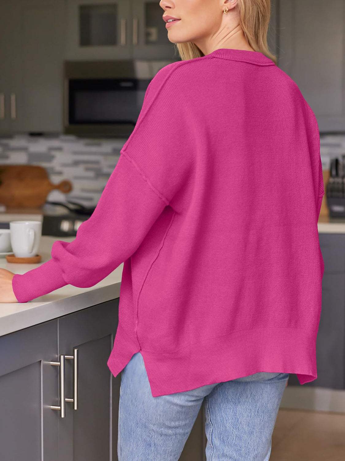 Slit Round Neck Dropped Shoulder Sweater - Trendsi - Flyclothing LLC