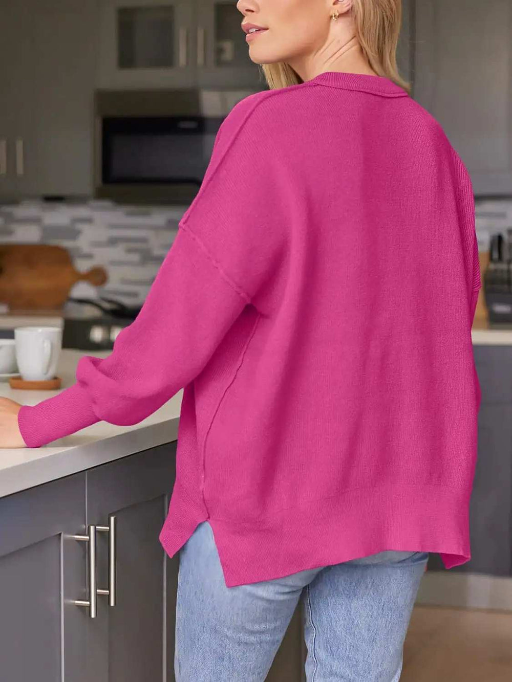 Slit Round Neck Dropped Shoulder Sweater - Trendsi - Flyclothing LLC