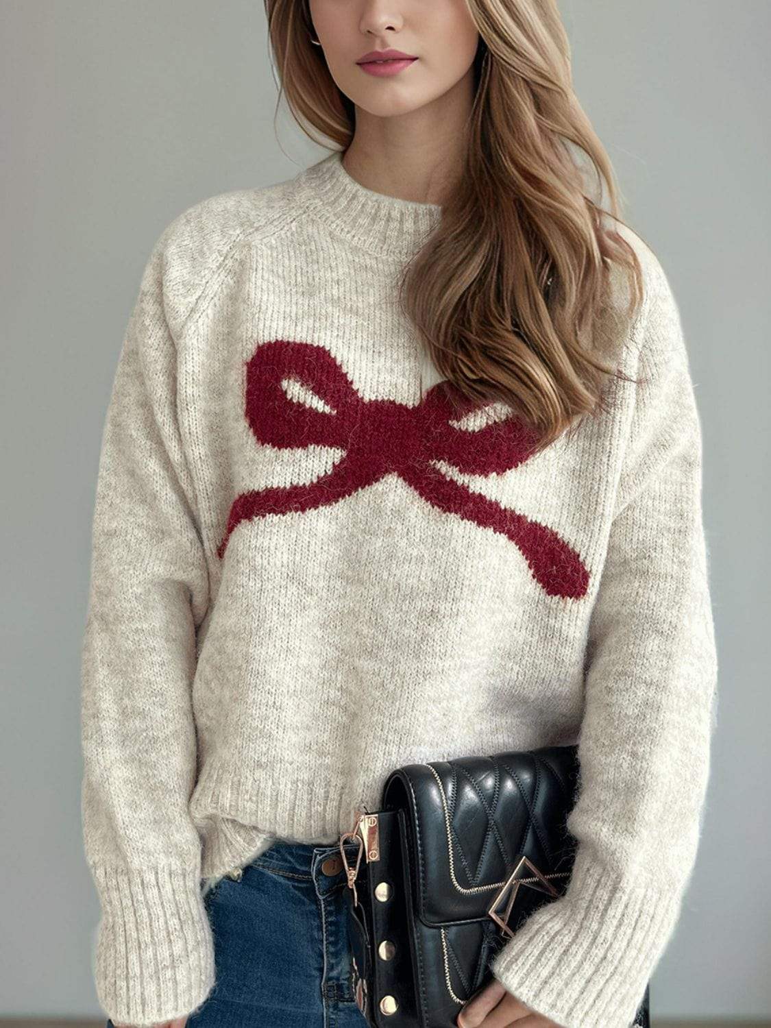 Bow Round Neck Long Sleeve Sweater - Trendsi - Flyclothing LLC
