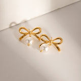 Stainless Steel Bow Pearl Earrings - Trendsi