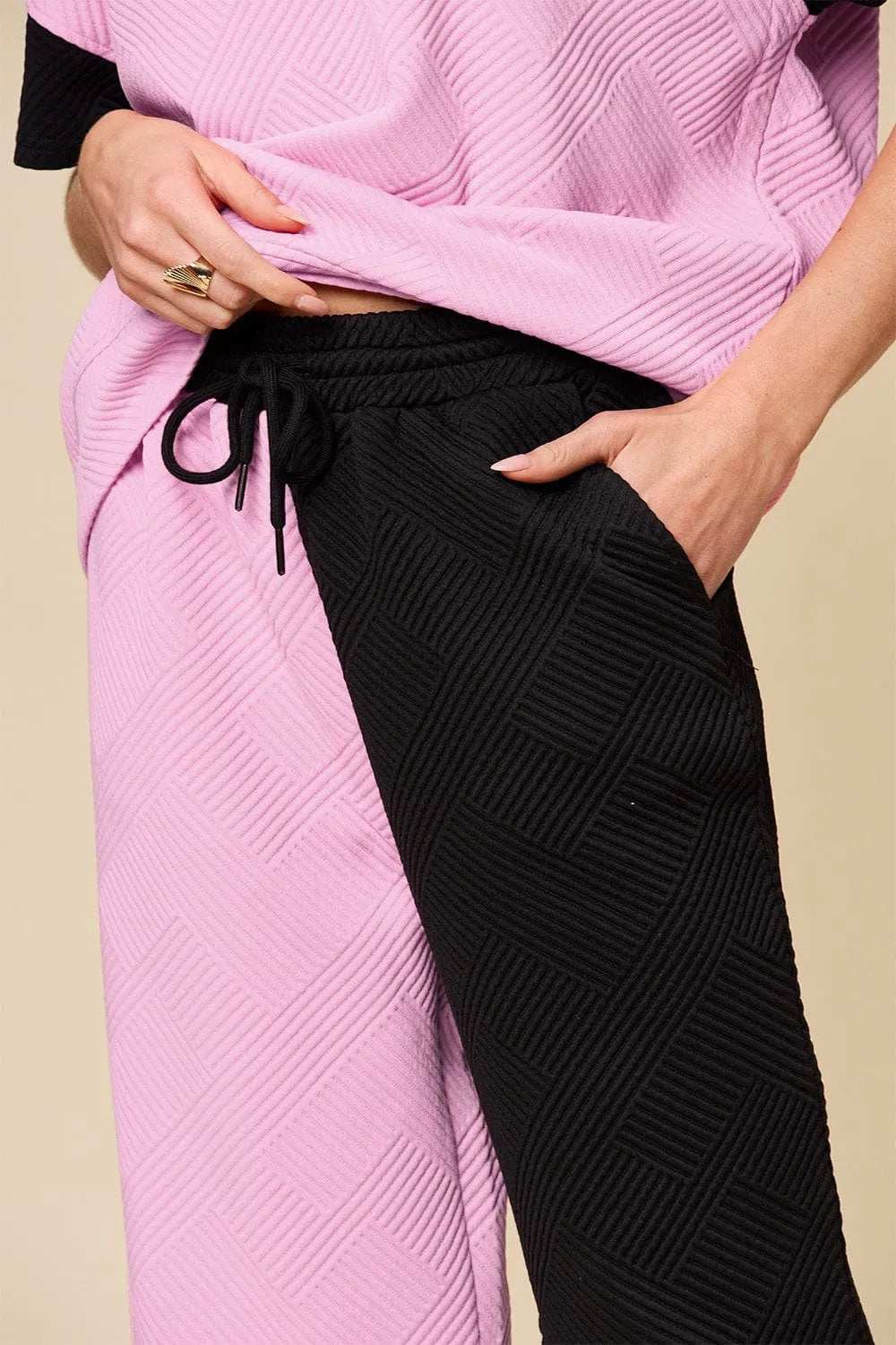 Double Take Full Size Texture Contrast T-Shirt and Wide Leg Pants Set - Trendsi - Flyclothing LLC